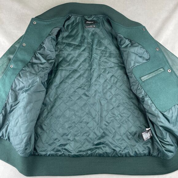 Deathworld DWFH Jacket Mens L Green Varsity Letterman College Wool Faux Leather - Picture 5 of 9